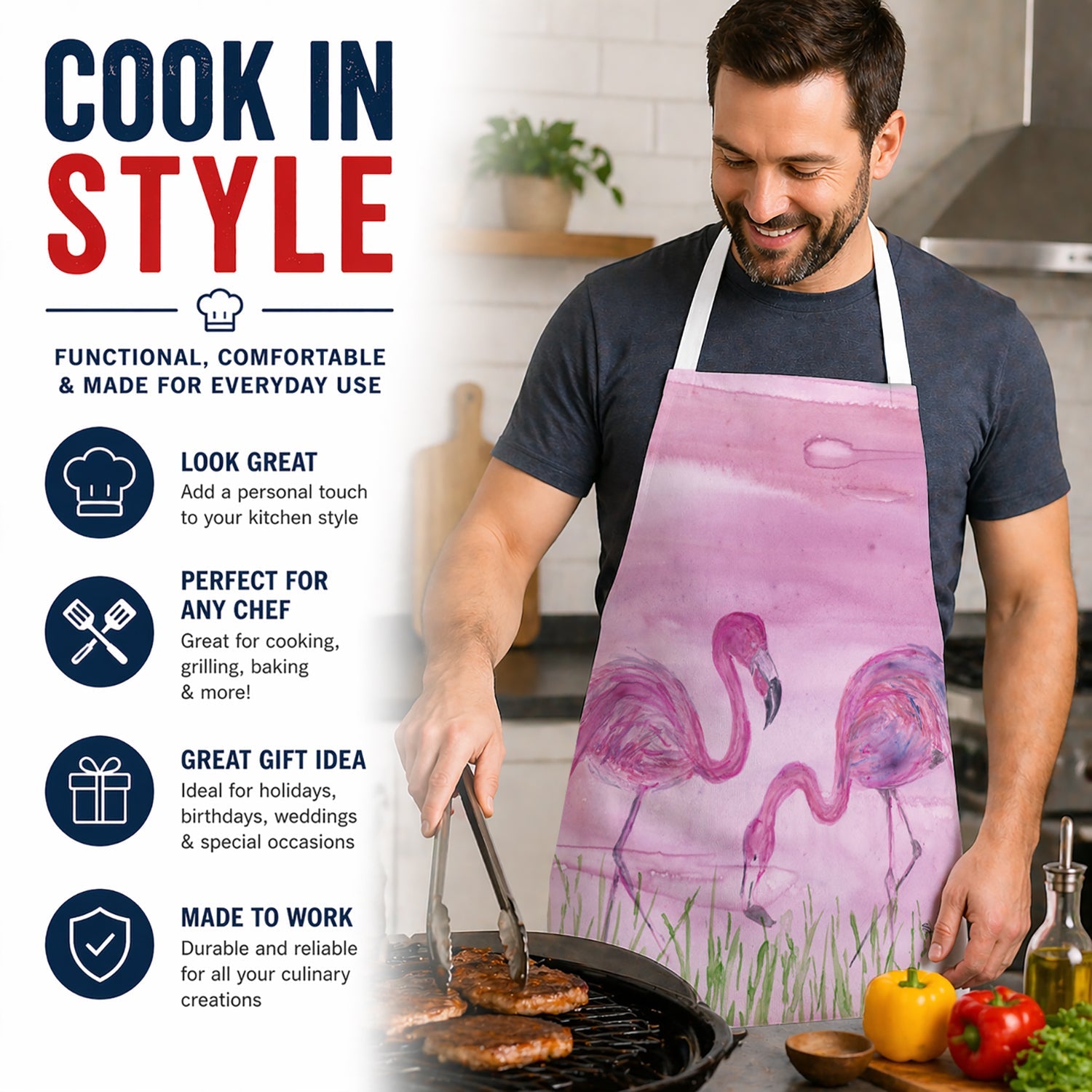 Flamingos Apron Cooking Kitchen Server Baking Crafts Gardening for Adult Women Men, Unisex, Large, Multicolor