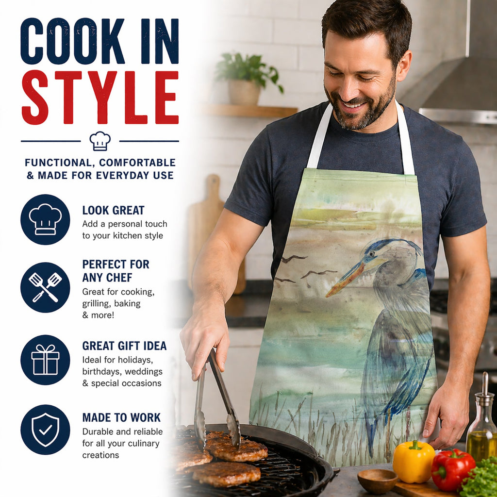 Blue Heron Sunset Apron Cooking Kitchen Server Baking Crafts Gardening for Adult Women Men, Unisex, Large, Multicolor