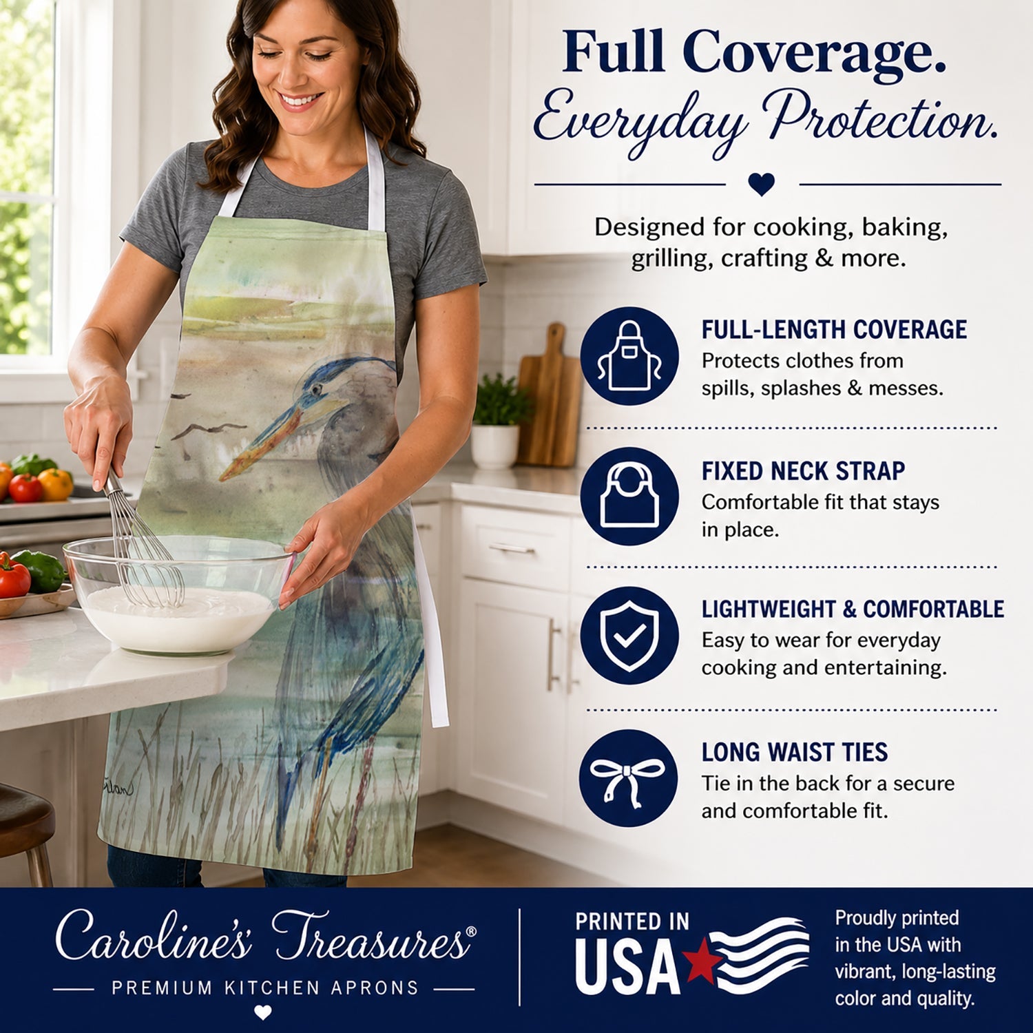 Blue Heron Sunset Apron Cooking Kitchen Server Baking Crafts Gardening for Adult Women Men, Unisex, Large, Multicolor