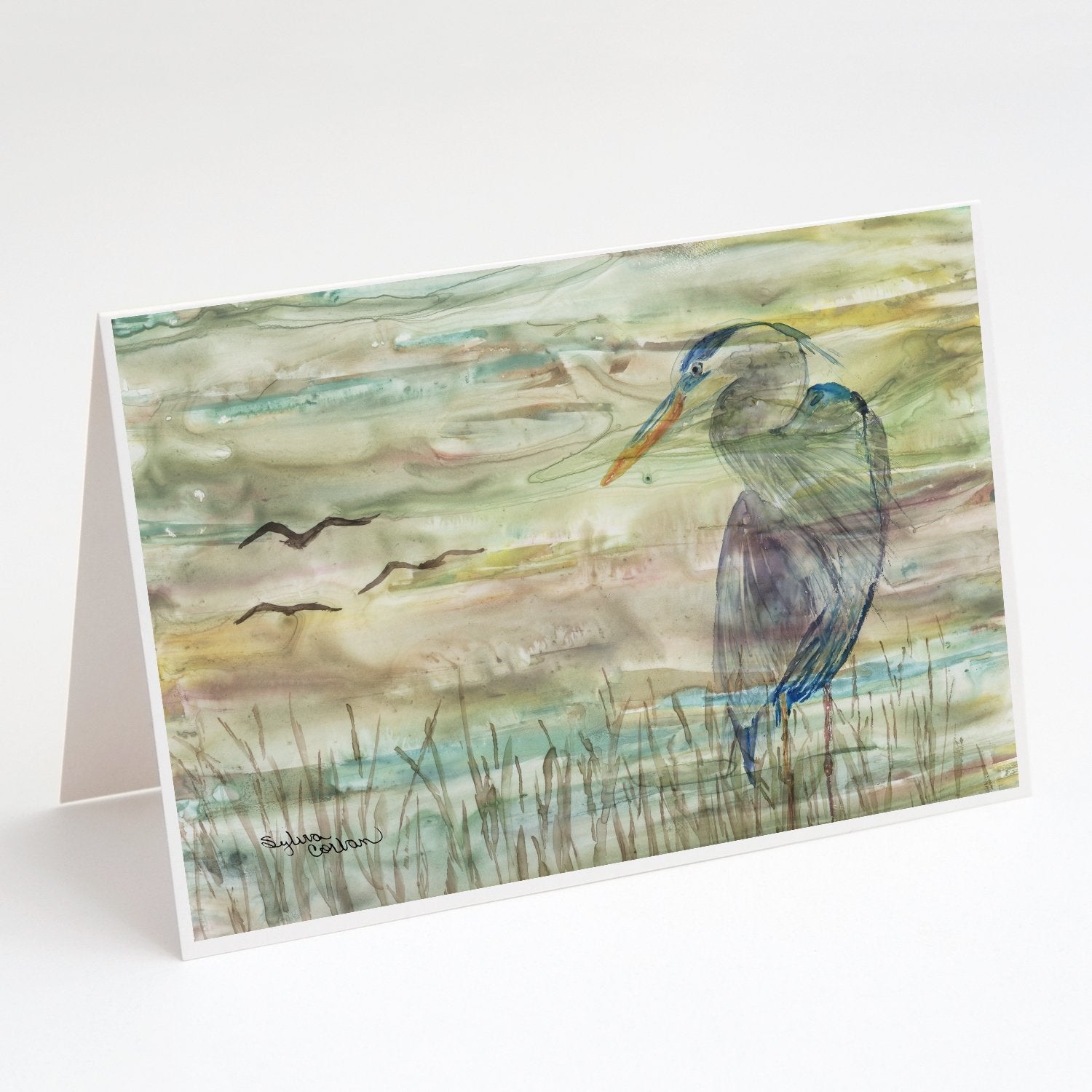 Blue Heron Sunset Greeting Cards Pack of 8 Blank Cards with Envelopes Whimsical A7 Size 5x7