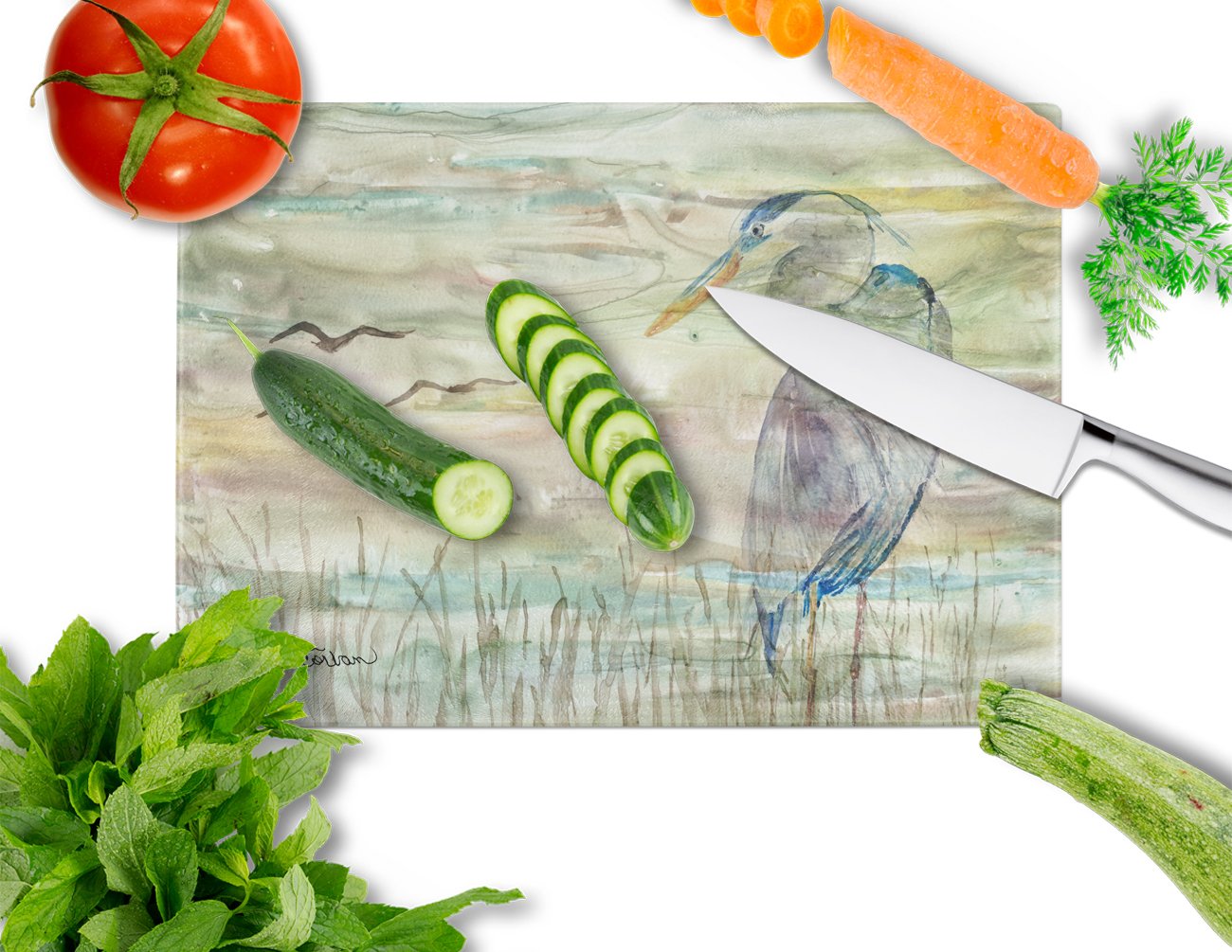Blue Heron Sunset Cutting Board Tempered Glass Kitchen Cutting Surface, Heat Resistant Chopping, Non-Slip Feet, Food Prep & Serving