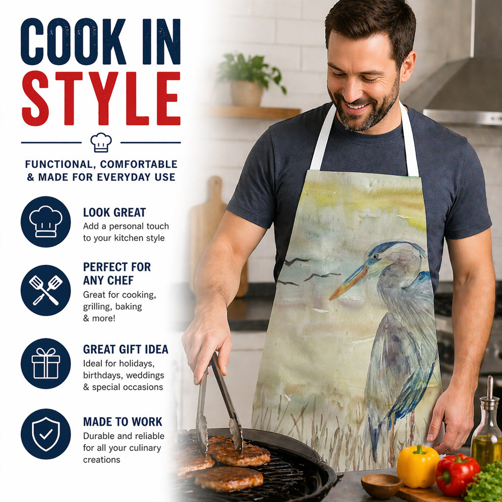 Blue Heron Yellow Sky Apron Cooking Kitchen Server Baking Crafts Gardening for Adult Women Men, Unisex, Large, Multicolor