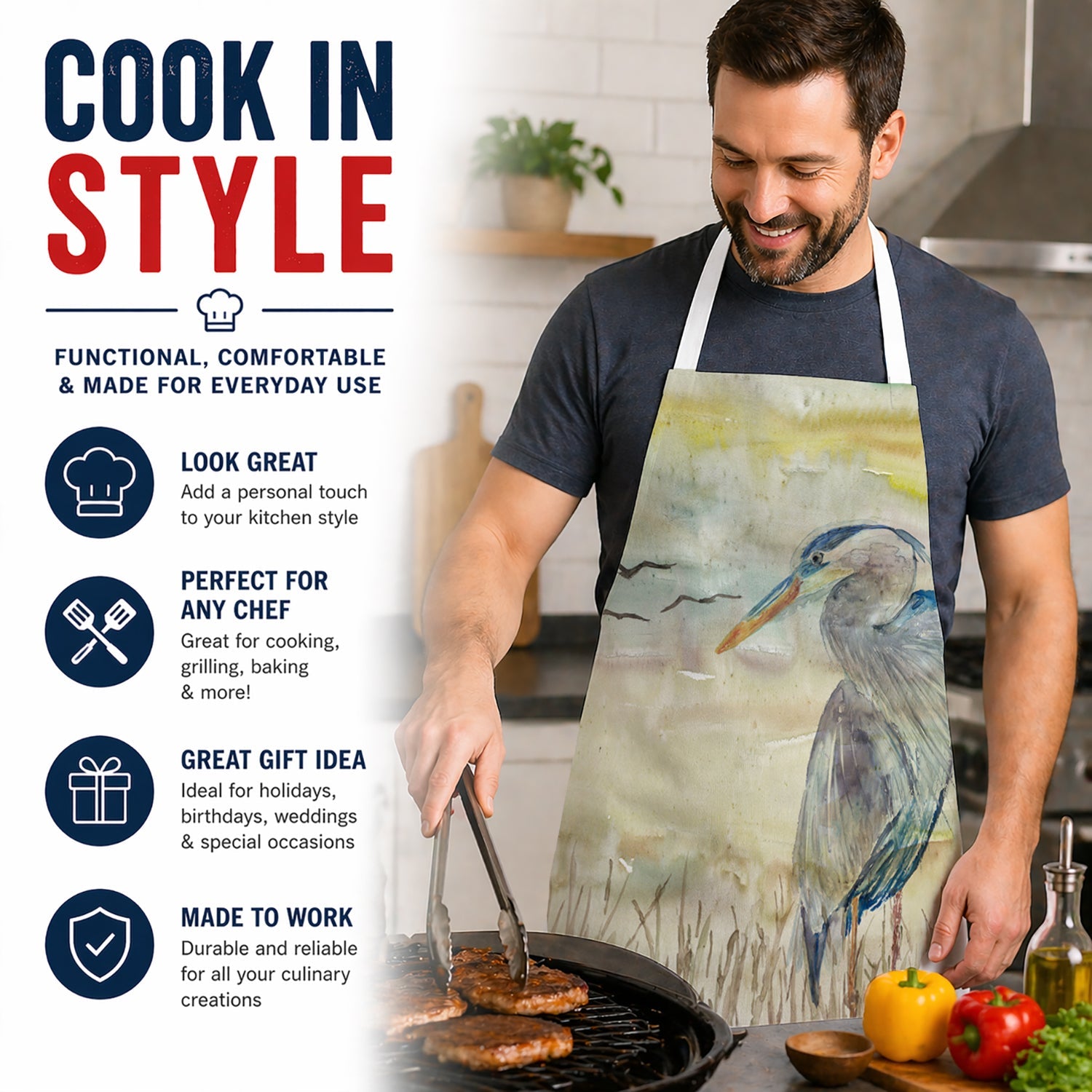 Blue Heron Yellow Sky Apron Cooking Kitchen Server Baking Crafts Gardening for Adult Women Men, Unisex, Large, Multicolor