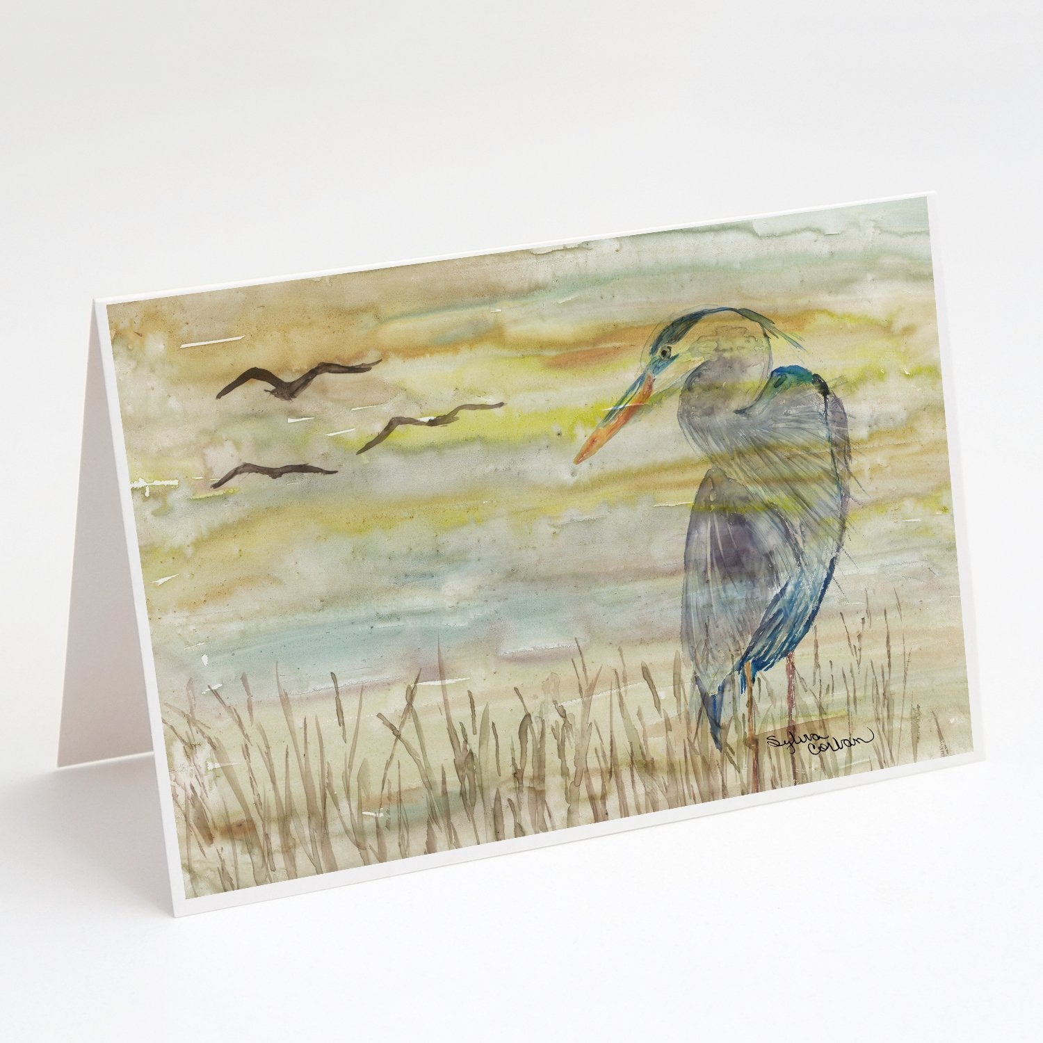 Blue Heron Yellow Sky Greeting Cards Pack of 8 Blank Cards with Envelopes Whimsical A7 Size 5x7