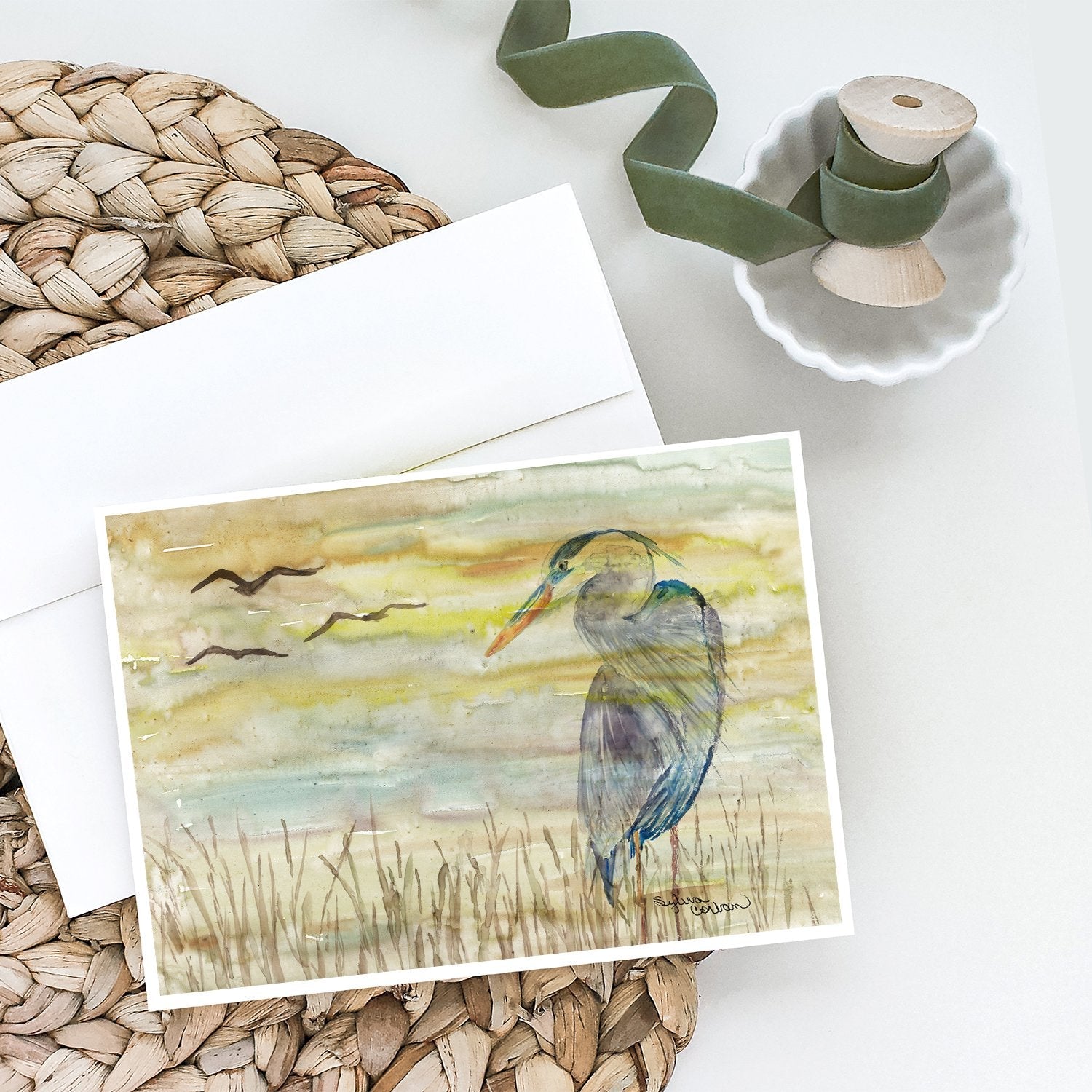 Blue Heron Yellow Sky Greeting Cards Pack of 8 Blank Cards with Envelopes Whimsical A7 Size 5x7