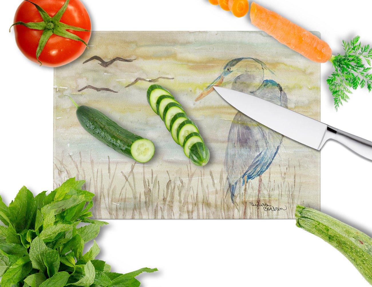 Blue Heron Yellow Sky Cutting Board Tempered Glass Kitchen Cutting Surface, Heat Resistant Chopping, Non-Slip Feet, Food Prep & Serving
