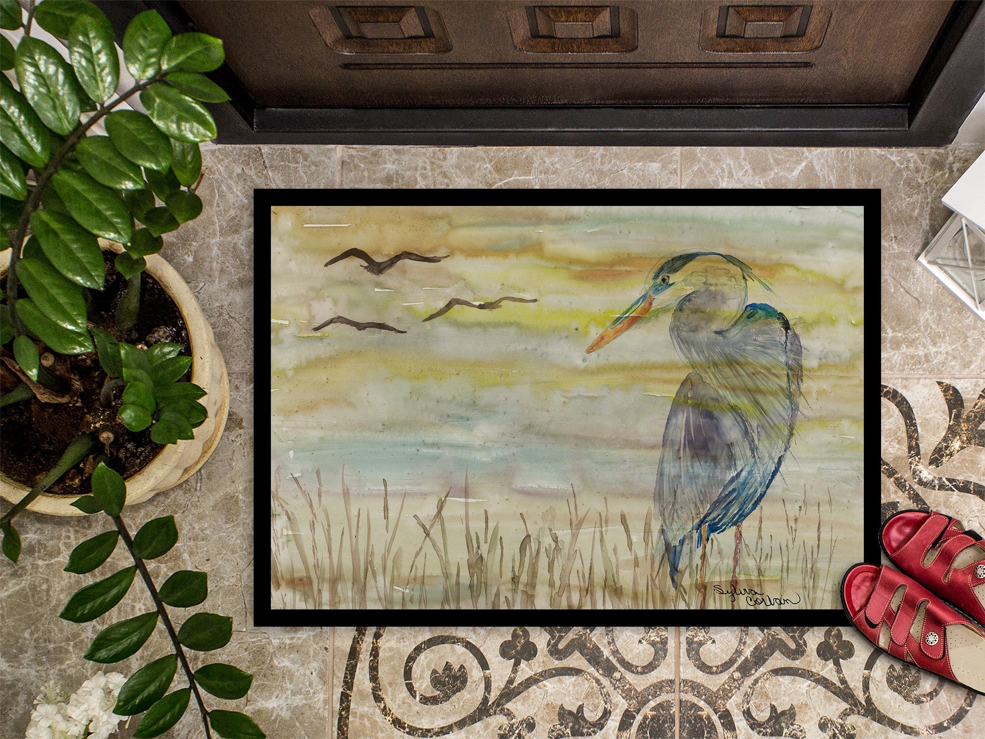 Blue Heron Yellow Sky Doormat Indoor Outdoor 18H X 27W Front Door Mat Rugs for Entryway, Non Slip Washable