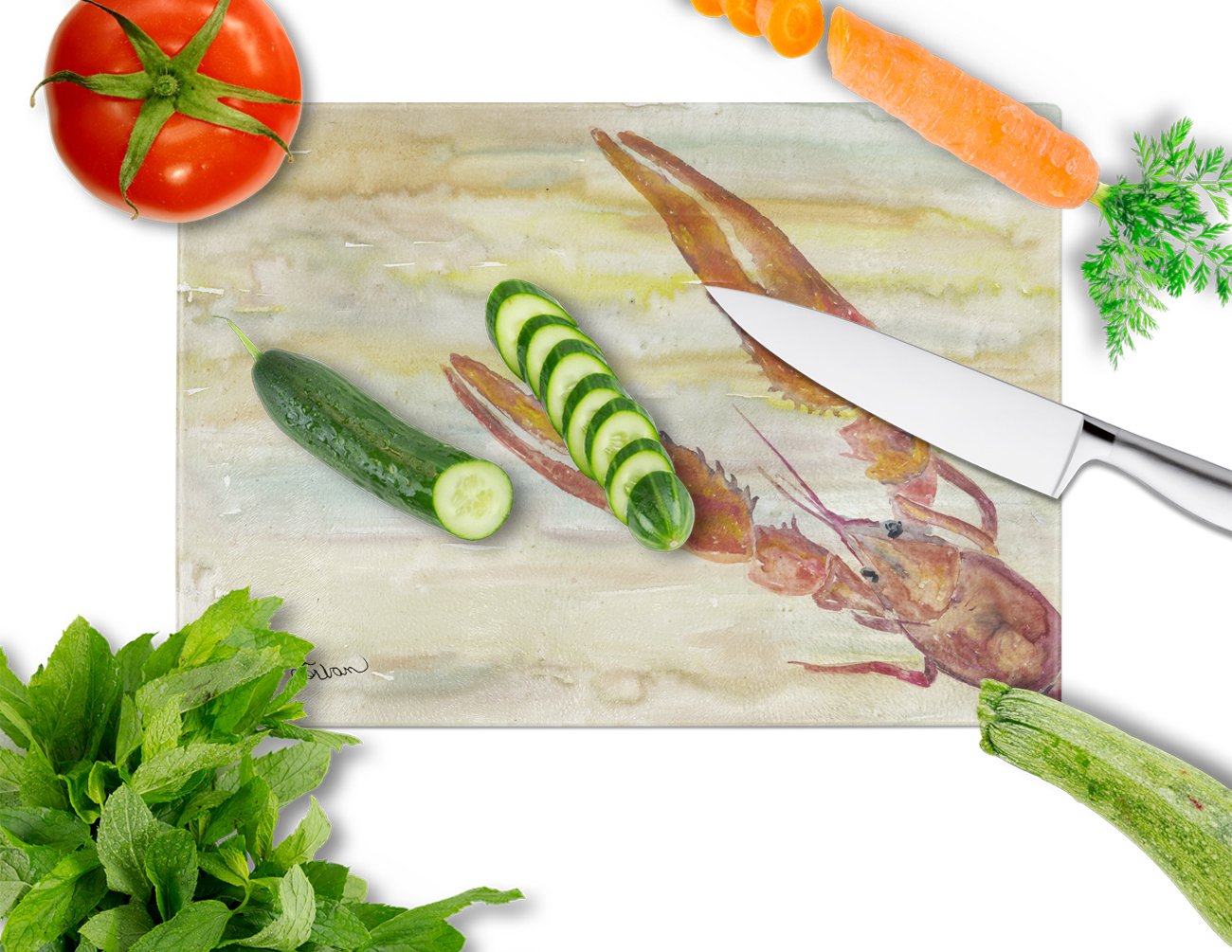 Crawfish Yellow Sky Cutting Board Tempered Glass Kitchen Cutting Surface, Heat Resistant Chopping, Non-Slip Feet, Food Prep & Serving