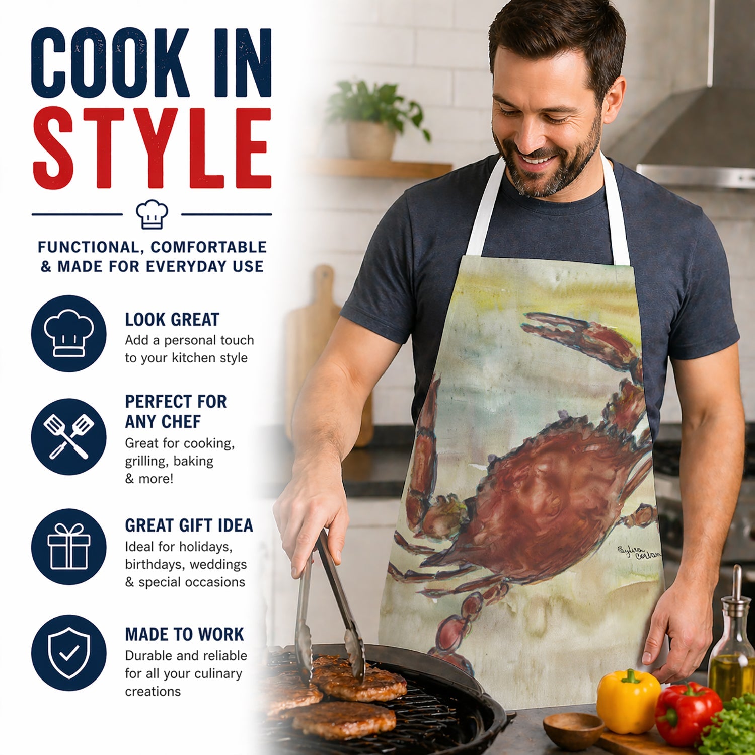 Cooked Crab Yellow Sky Apron Cooking Kitchen Server Baking Crafts Gardening for Adult Women Men, Unisex, Large, Multicolor