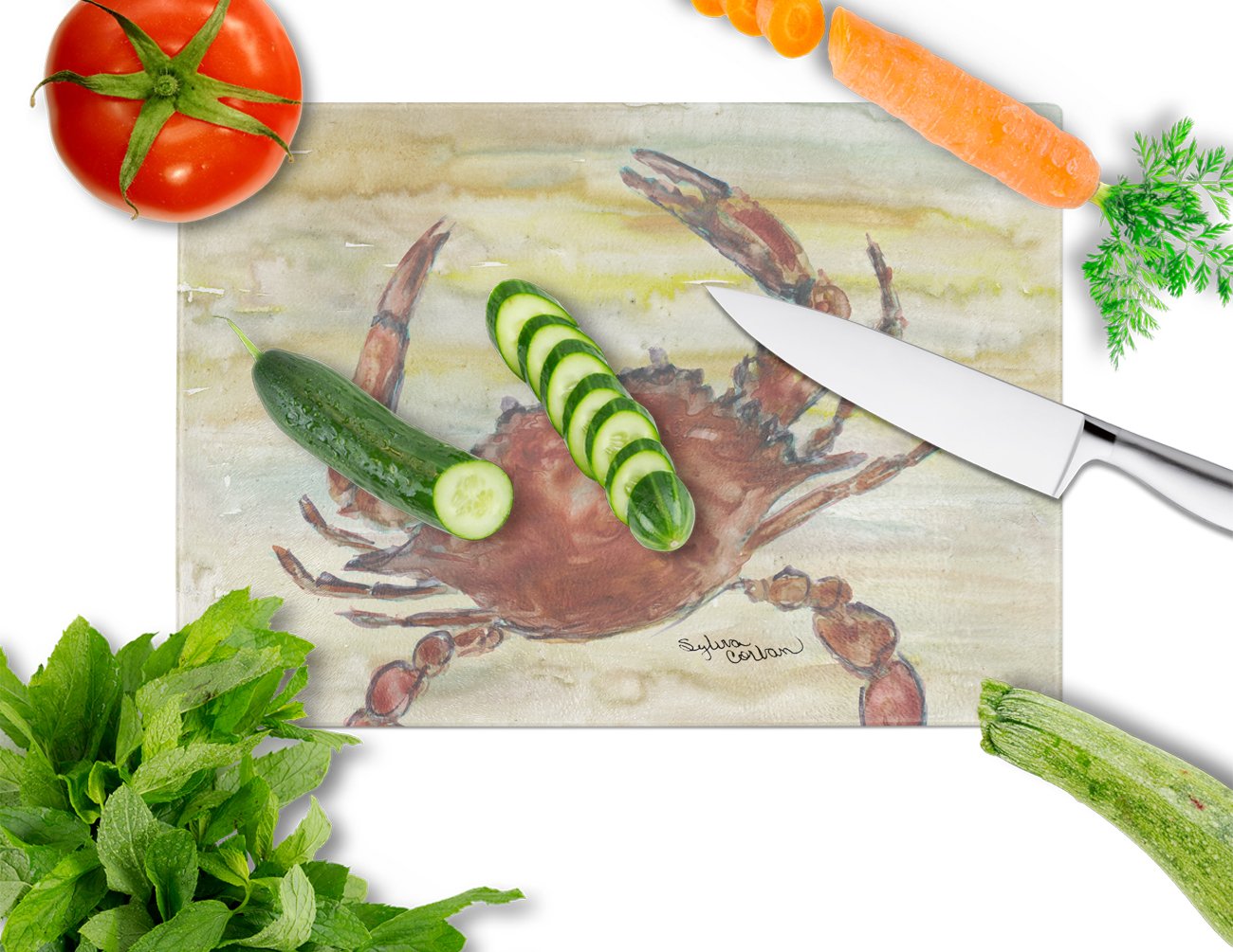 Cooked Crab Yellow Sky Cutting Board Tempered Glass Kitchen Cutting Surface, Heat Resistant Chopping, Non-Slip Feet, Food Prep & Serving