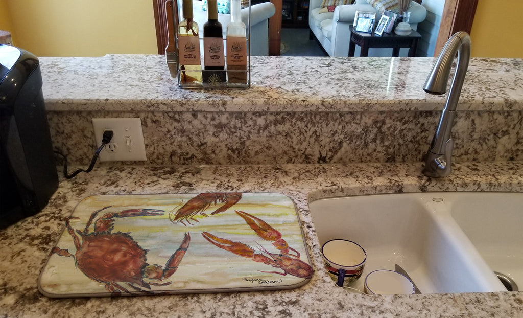 Crab, Shrimp, Oyster Yellow Sky Dish Drying Mat Absorbent Dish Drying Mat Pad for Kitchen Counter Dish Drainer Mat for Countertop, 14 x 21", Multicolor