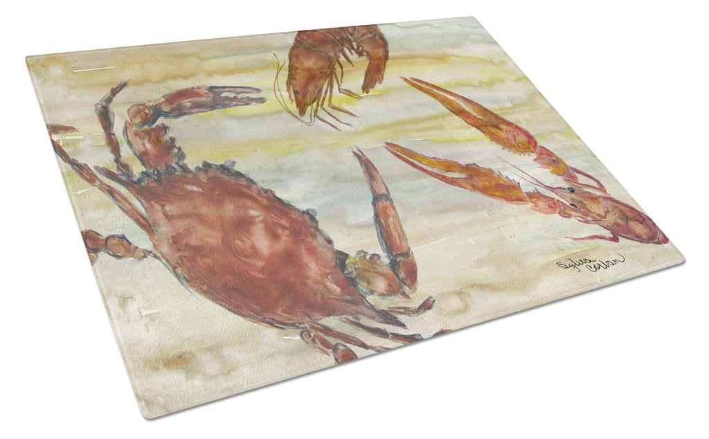 Crab, Shrimp, Oyster Yellow Sky Cutting Board Tempered Glass Kitchen Cutting Surface, Heat Resistant Chopping, Non-Slip Feet, Food Prep & Serving