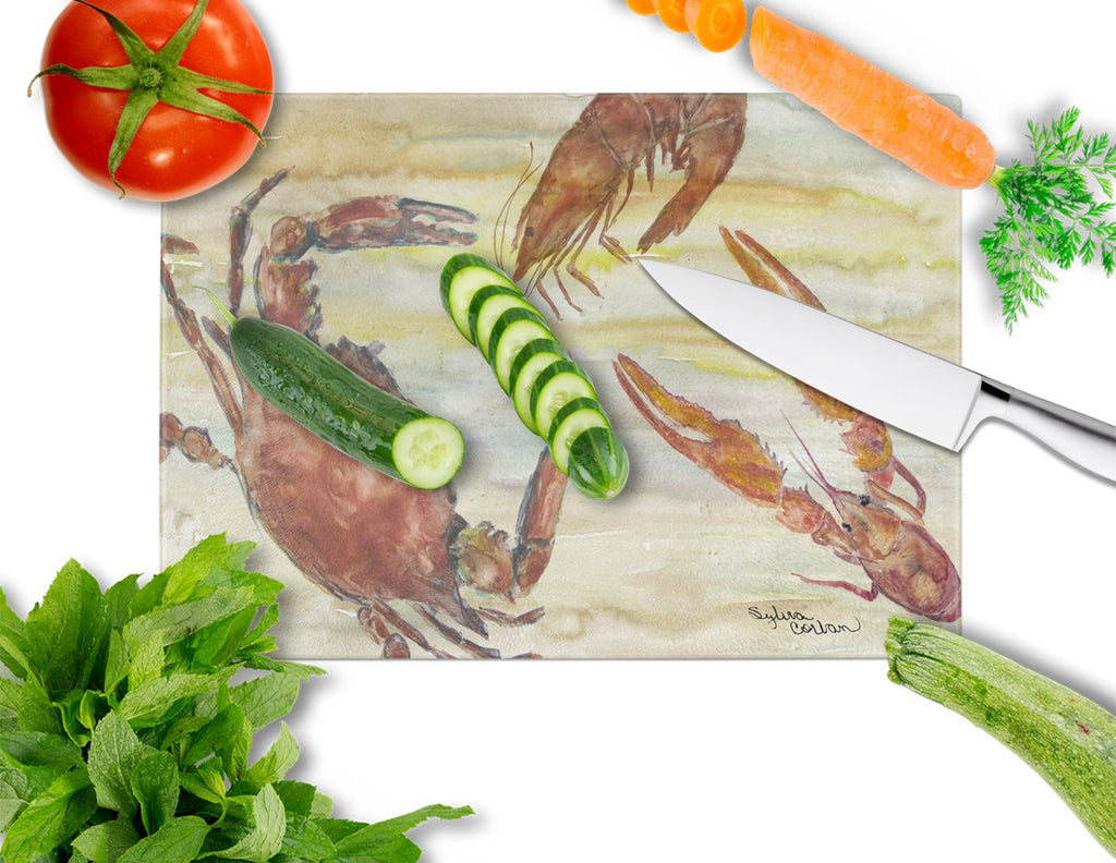 Crab, Shrimp, Oyster Yellow Sky Cutting Board Tempered Glass Kitchen Cutting Surface, Heat Resistant Chopping, Non-Slip Feet, Food Prep & Serving