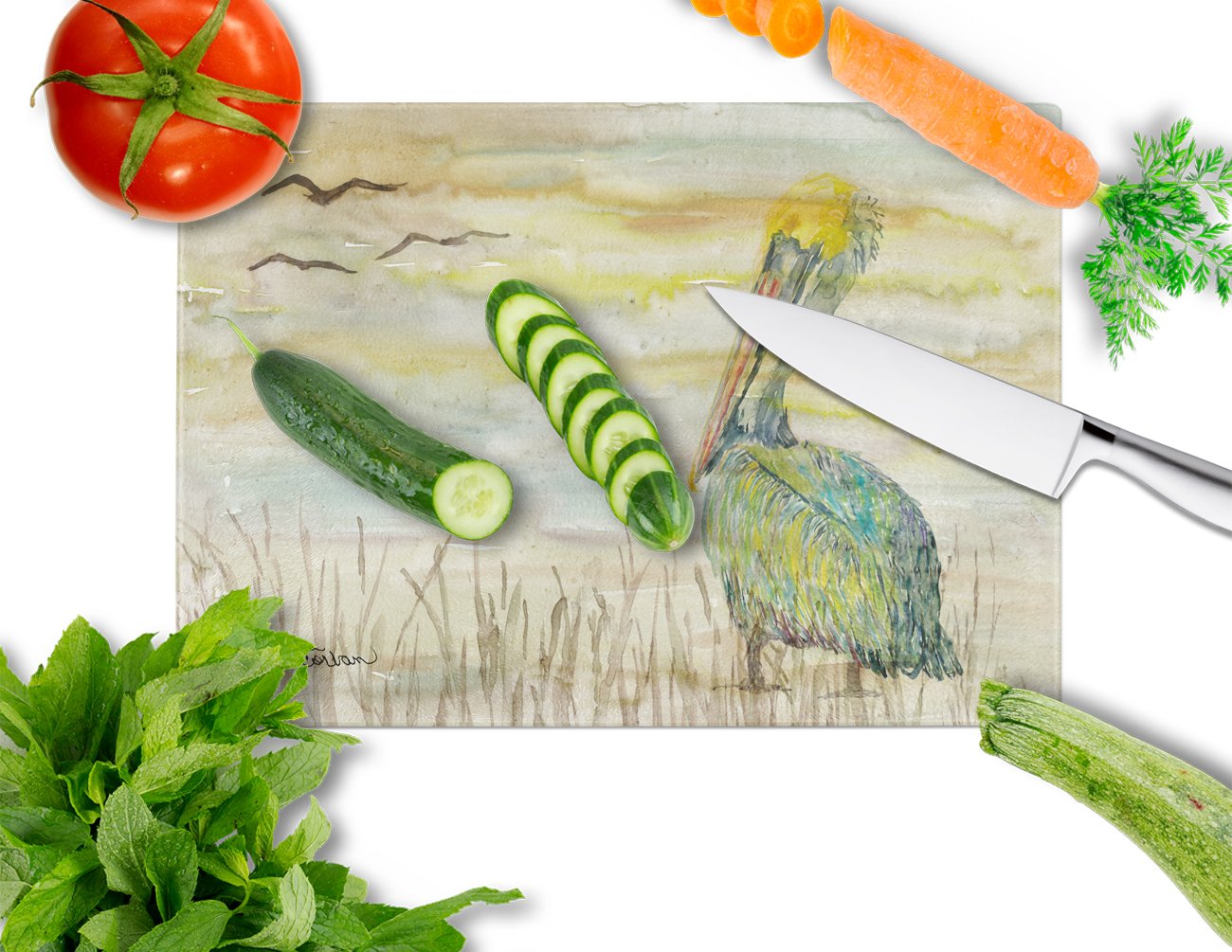 Pelican Yellow Sky Cutting Board Tempered Glass Kitchen Cutting Surface, Heat Resistant Chopping, Non-Slip Feet, Food Prep & Serving
