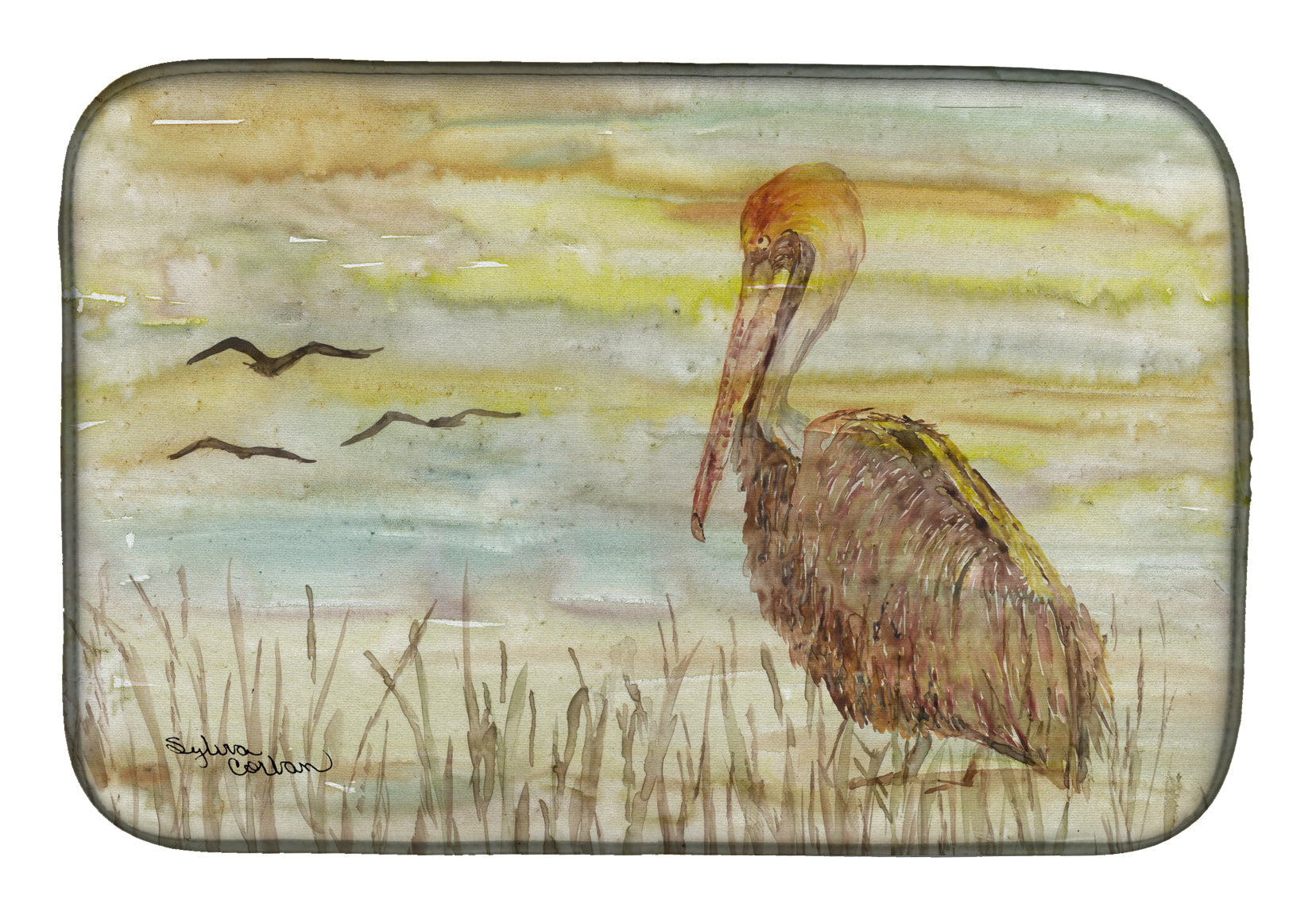 Brown Pelican Yellow Sky Dish Drying Mat Absorbent Dish Drying Mat Pad for Kitchen Counter Dish Drainer Mat for Countertop, 14 x 21", Multicolor