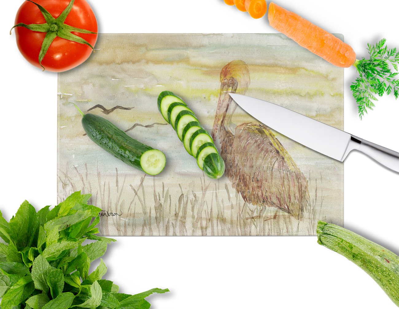 Brown Pelican Yellow Sky Cutting Board Tempered Glass Kitchen Cutting Surface, Heat Resistant Chopping, Non-Slip Feet, Food Prep & Serving