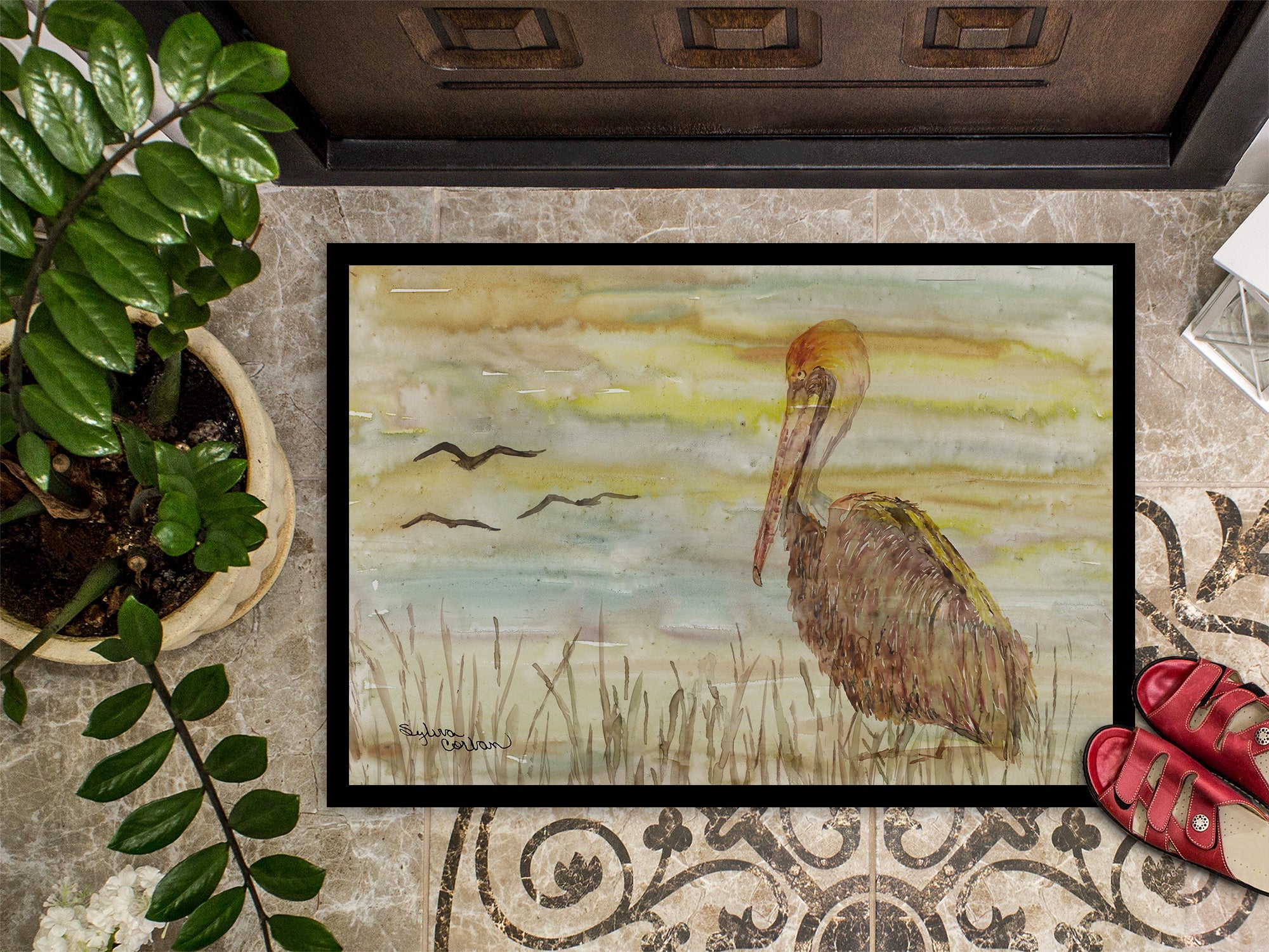 Brown Pelican Yellow Sky Doormat Indoor Outdoor 18H X 27W Front Door Mat Rugs for Entryway, Non Slip Washable