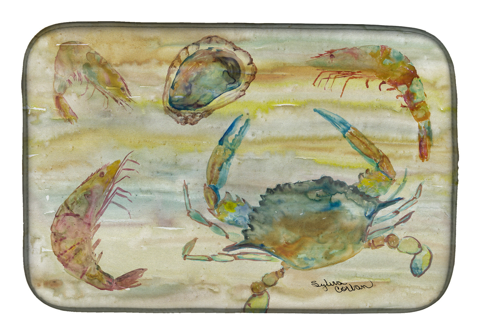 Crab, Shrimp, Oyster Yellow Sky Dish Drying Mat Absorbent Dish Drying Mat Pad for Kitchen Counter Dish Drainer Mat for Countertop, 14 x 21", Multicolor