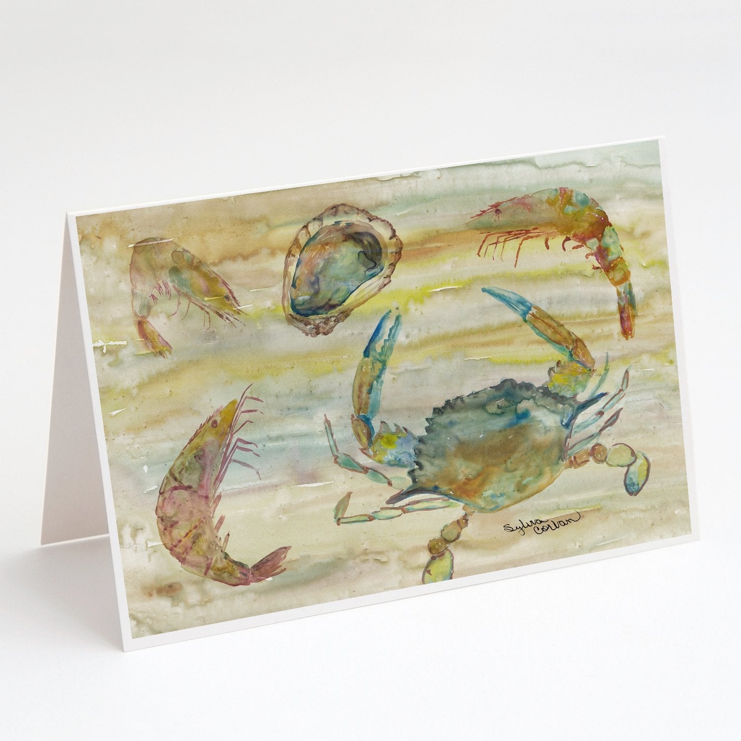 Crab, Shrimp, Oyster Yellow Sky Greeting Cards Pack of 8 Blank Cards with Envelopes Whimsical A7 Size 5x7
