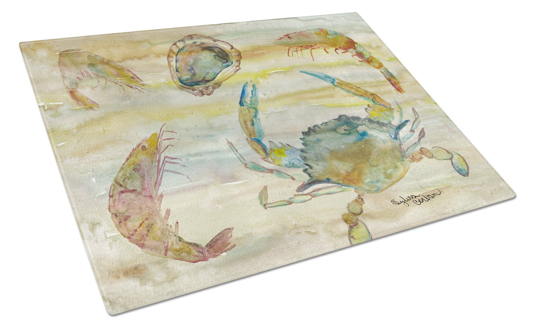 Crab, Shrimp, Oyster Yellow Sky Cutting Board Tempered Glass Kitchen Cutting Surface, Heat Resistant Chopping, Non-Slip Feet, Food Prep & Serving