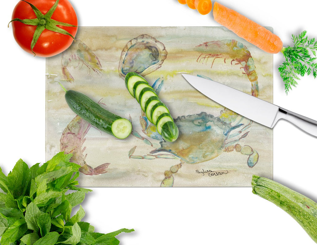 Crab, Shrimp, Oyster Yellow Sky Cutting Board Tempered Glass Kitchen Cutting Surface, Heat Resistant Chopping, Non-Slip Feet, Food Prep & Serving