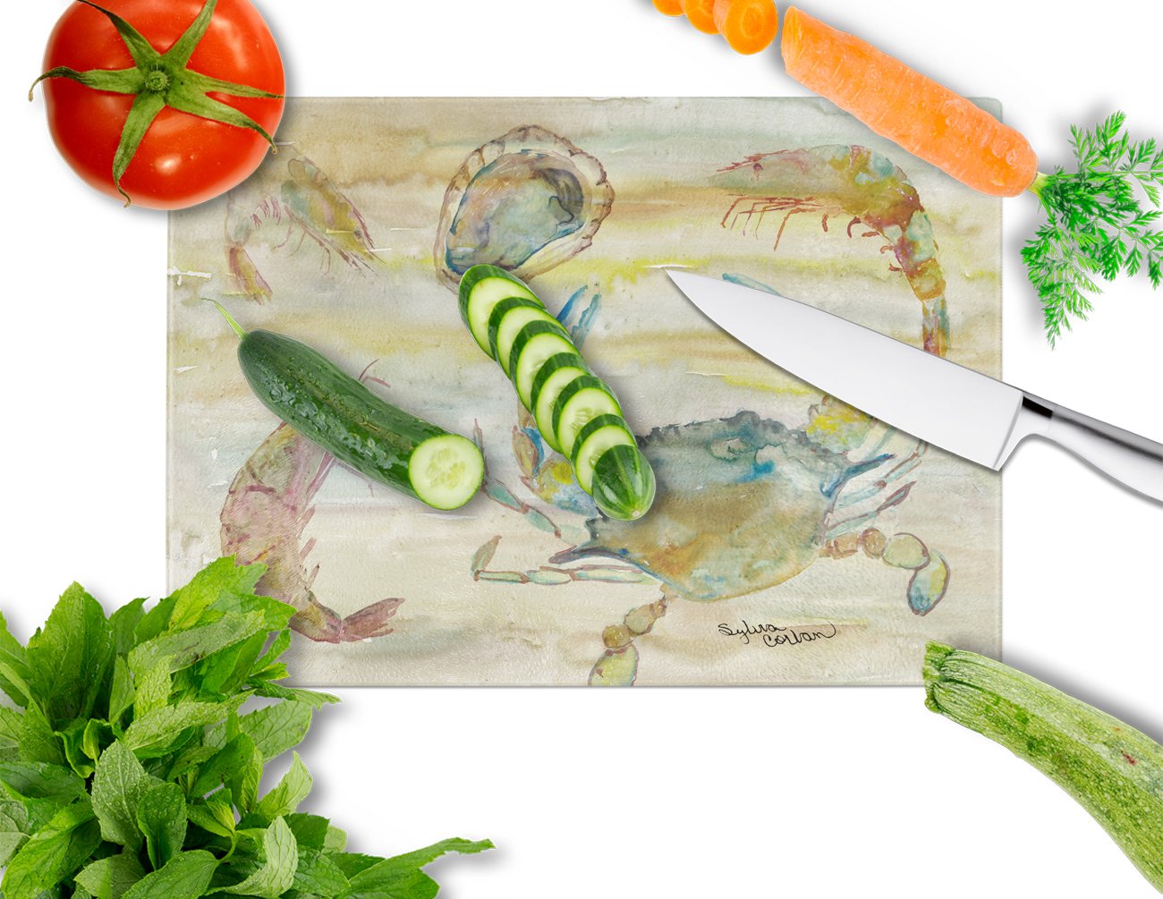Crab, Shrimp, Oyster Yellow Sky Cutting Board Tempered Glass Kitchen Cutting Surface, Heat Resistant Chopping, Non-Slip Feet, Food Prep & Serving
