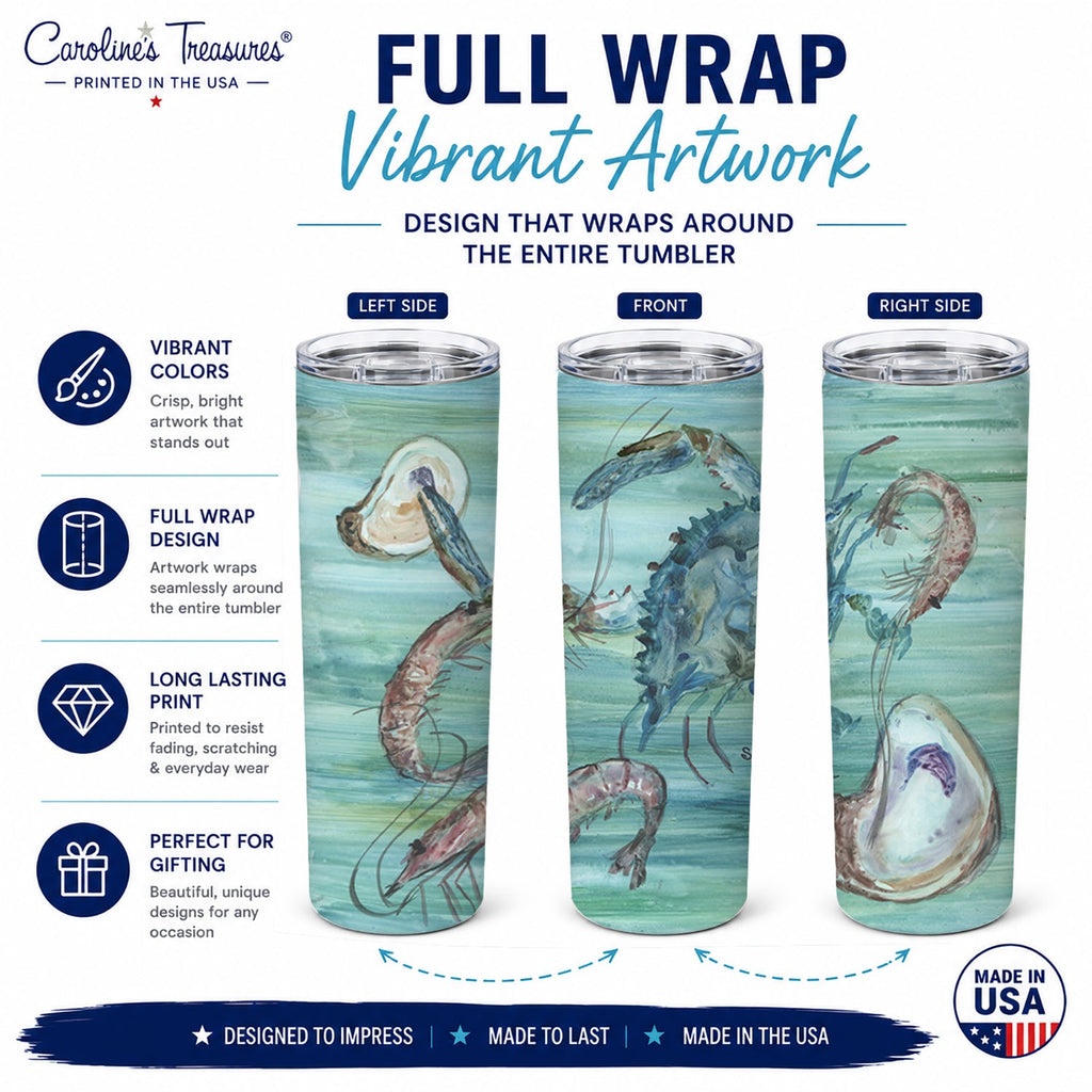 Crab, Shrimp and  Oysters Stainless Steel Skinny Tumbler 20 oz Vacuum Double Walled Reusable Insulated Travel Cup