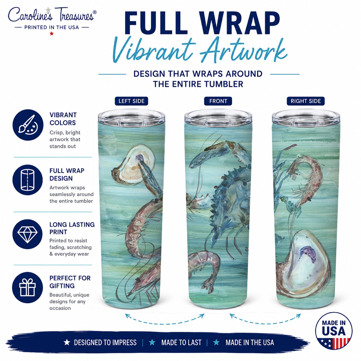 Crab, Shrimp and  Oysters Stainless Steel Skinny Tumbler 20 oz Vacuum Double Walled Reusable Insulated Travel Cup
