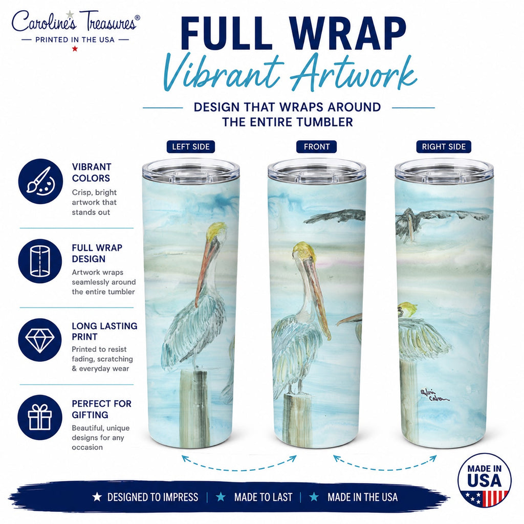 Pelicans in Blue Stainless Steel Skinny Tumbler 20 oz Vacuum Double Walled Reusable Insulated Travel Cup