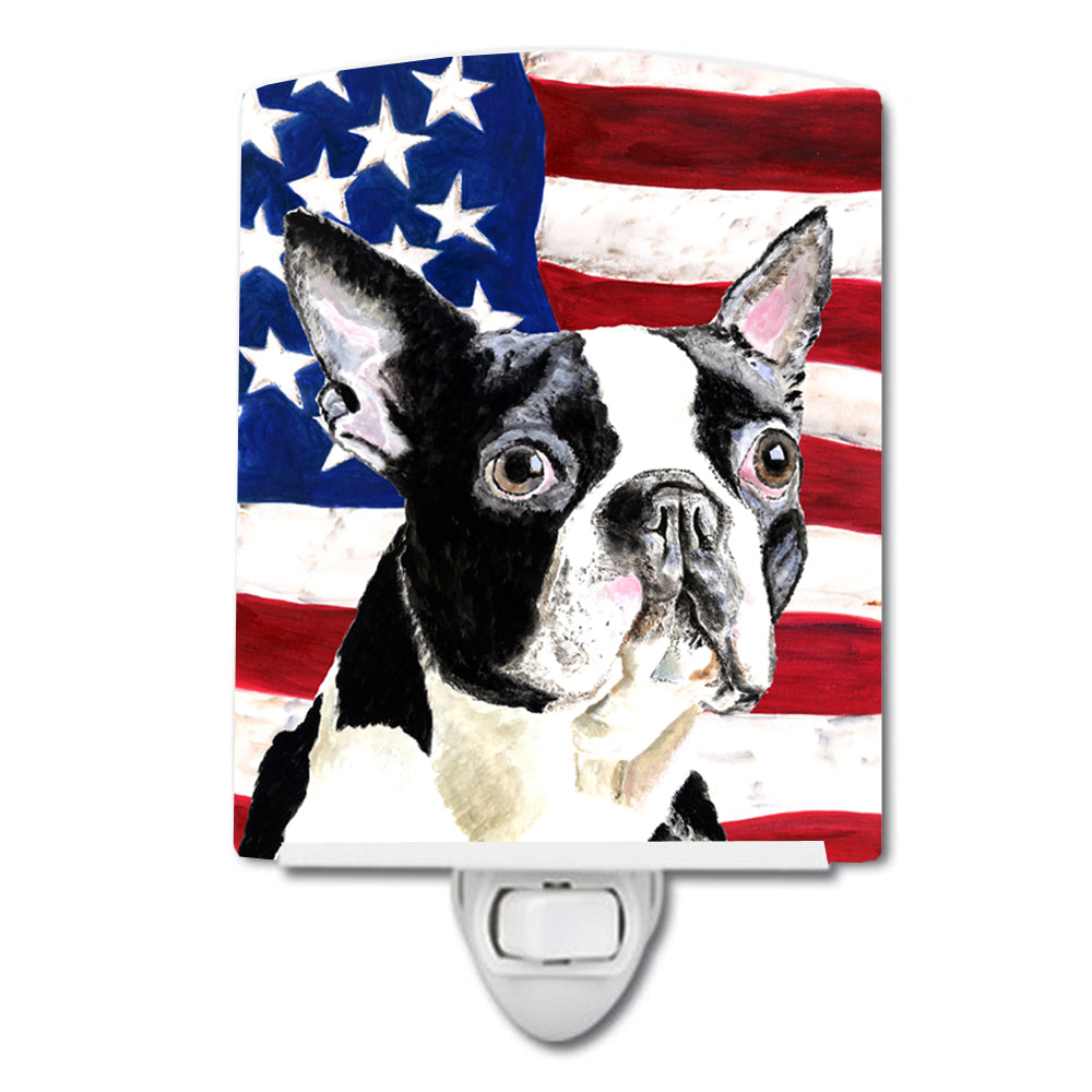 USA American Flag with Boston Terrier Ceramic Night Light Compact, UL-Certified, Ideal for Bedroom, Bathroom, Nursery, Hallway, Kitchen, 6x4x3, Multicolor