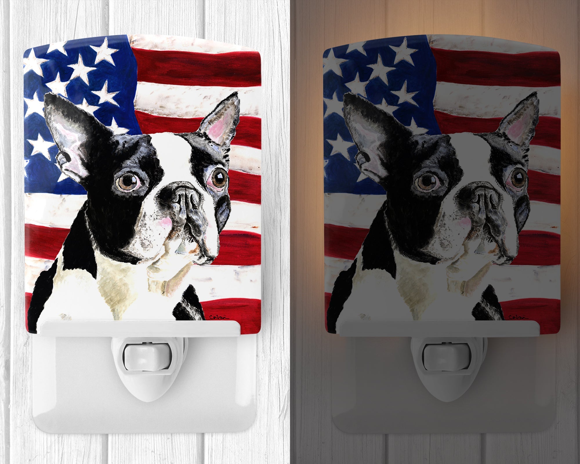 USA American Flag with Boston Terrier Ceramic Night Light Compact, UL-Certified, Ideal for Bedroom, Bathroom, Nursery, Hallway, Kitchen, 6x4x3, Multicolor