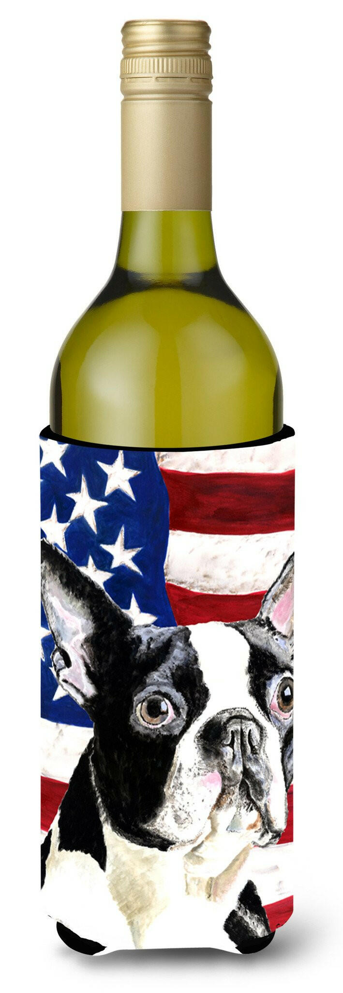 USA American Flag with Boston Terrier Wine Bottle Hugger Gift Sleeve for Standard 750 ml Bottles, Insulated Reusable Also Fits Mini Shot & Pint Bottles