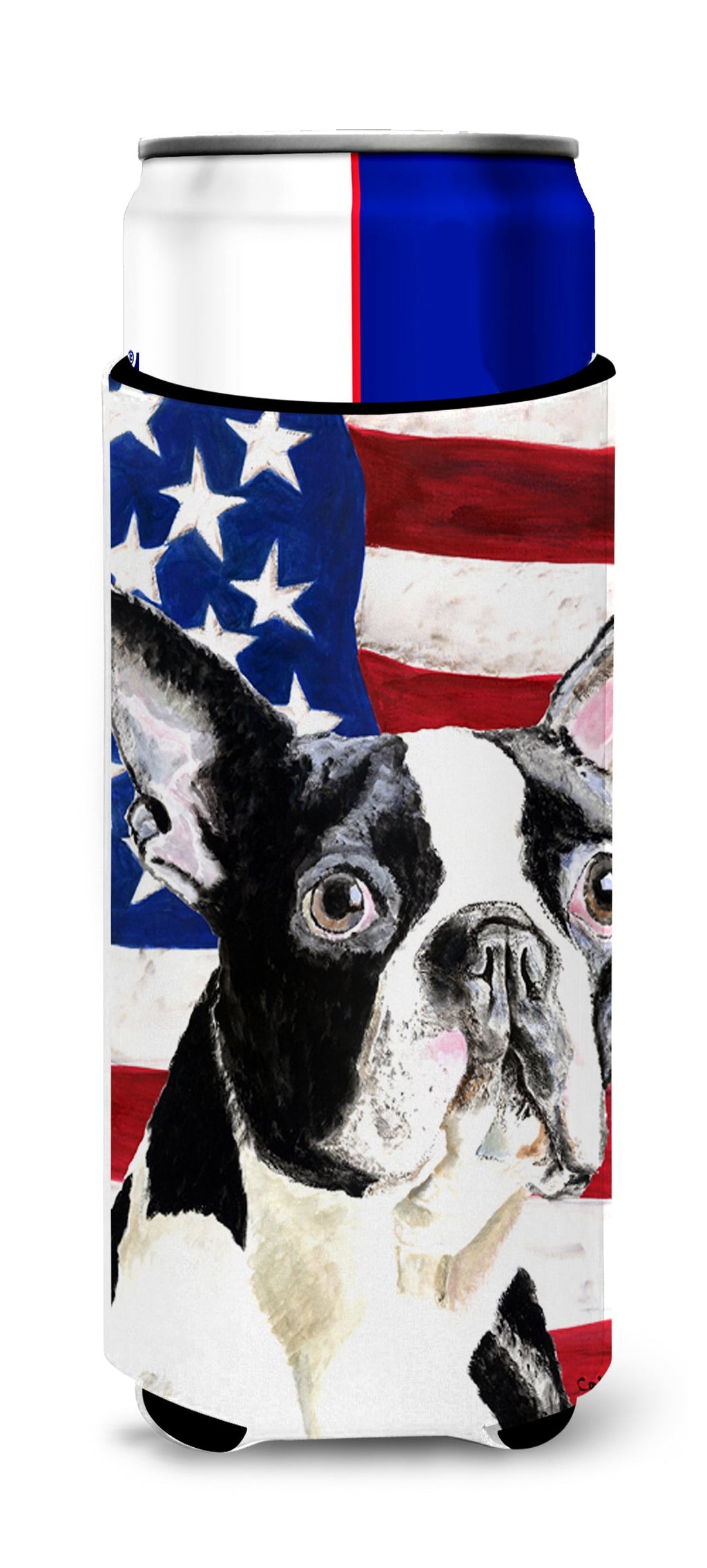USA American Flag with Boston Terrier Slim Can Hugger , Insulated Foam Hugger for 12 oz Slim Cans, Beer Bottles & Water Bottles, Printed in USA