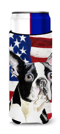 USA American Flag with Boston Terrier Slim Can Hugger , Insulated Foam Hugger for 12 oz Slim Cans, Beer Bottles & Water Bottles, Printed in USA