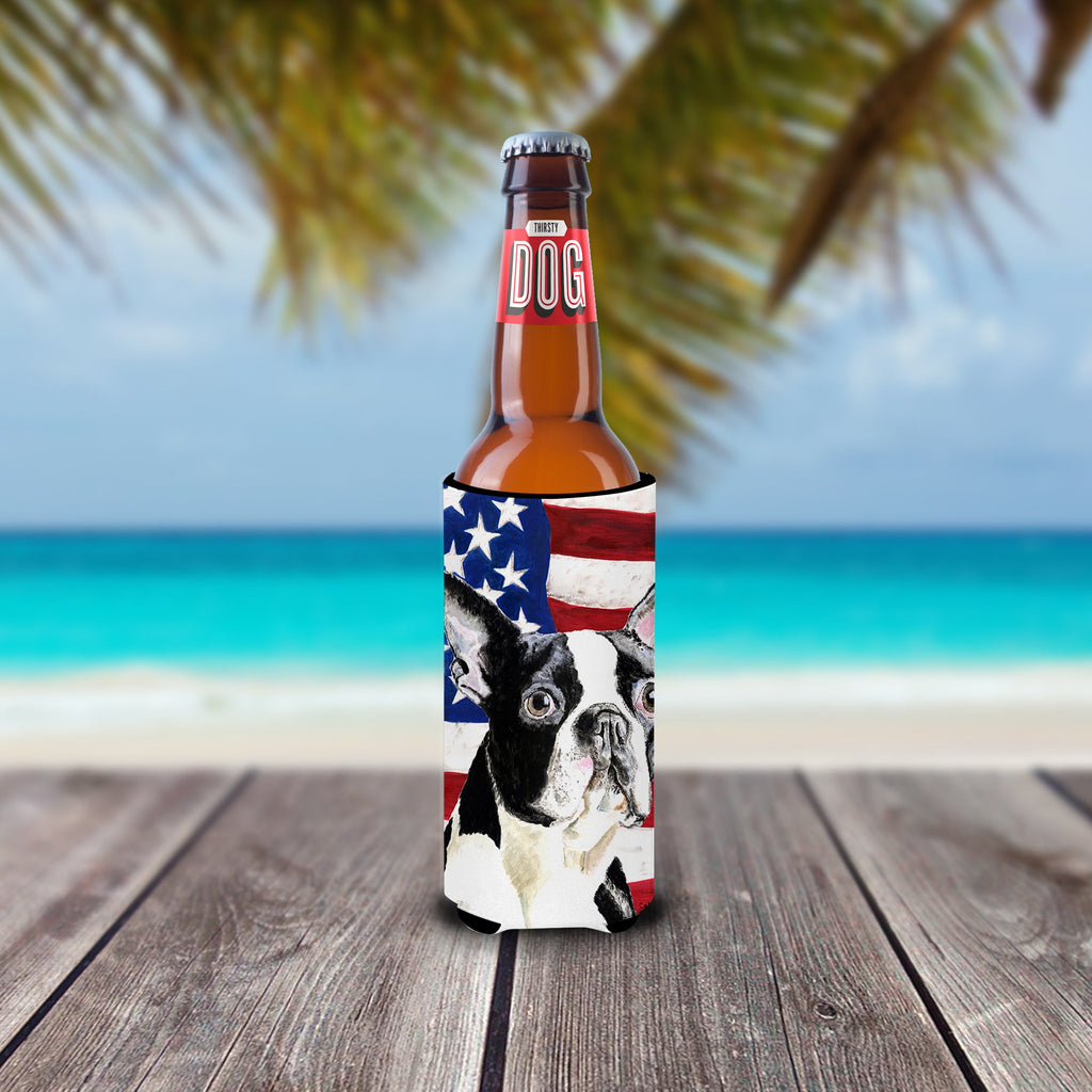 USA American Flag with Boston Terrier Slim Can Hugger , Insulated Foam Hugger for 12 oz Slim Cans, Beer Bottles & Water Bottles, Printed in USA
