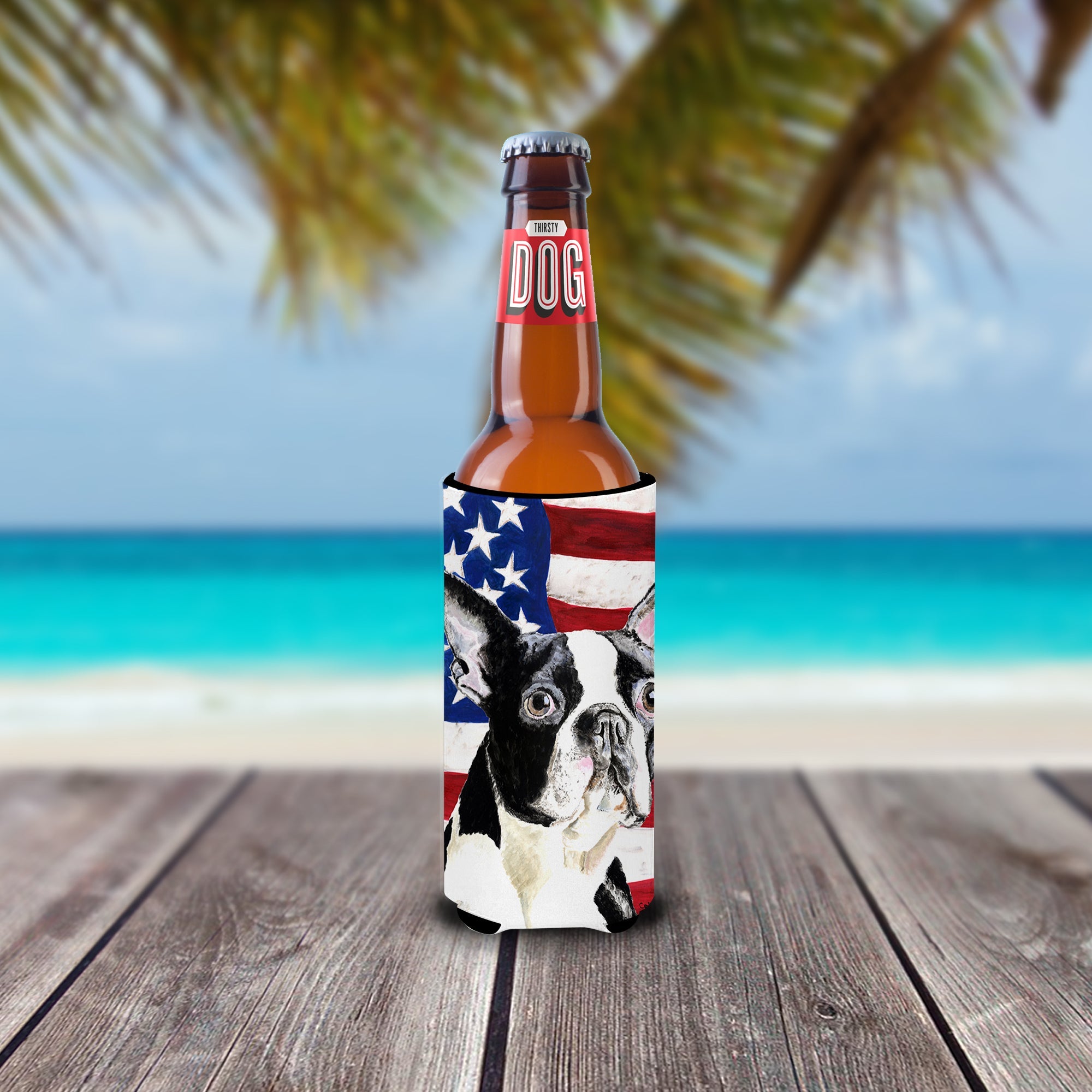 USA American Flag with Boston Terrier Slim Can Hugger , Insulated Foam Hugger for 12 oz Slim Cans, Beer Bottles & Water Bottles, Printed in USA
