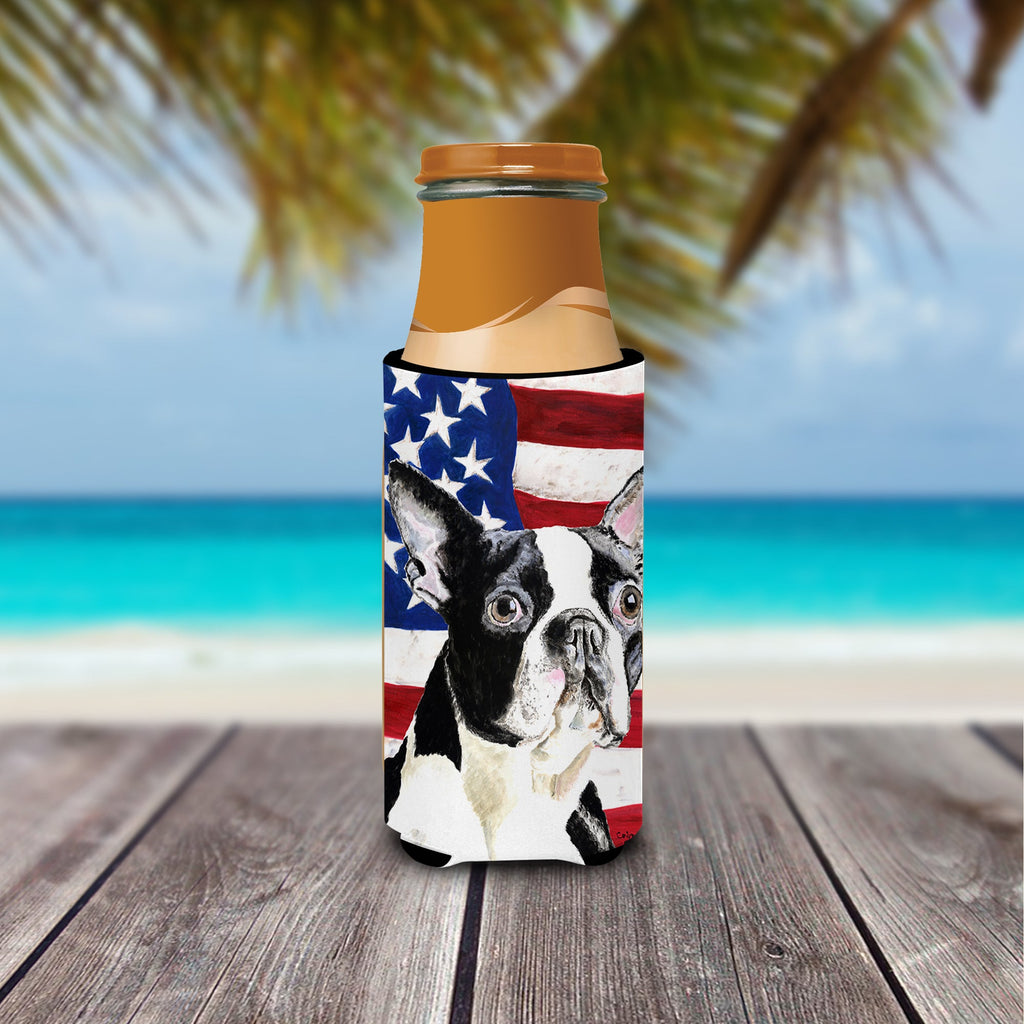 USA American Flag with Boston Terrier Slim Can Hugger , Insulated Foam Hugger for 12 oz Slim Cans, Beer Bottles & Water Bottles, Printed in USA