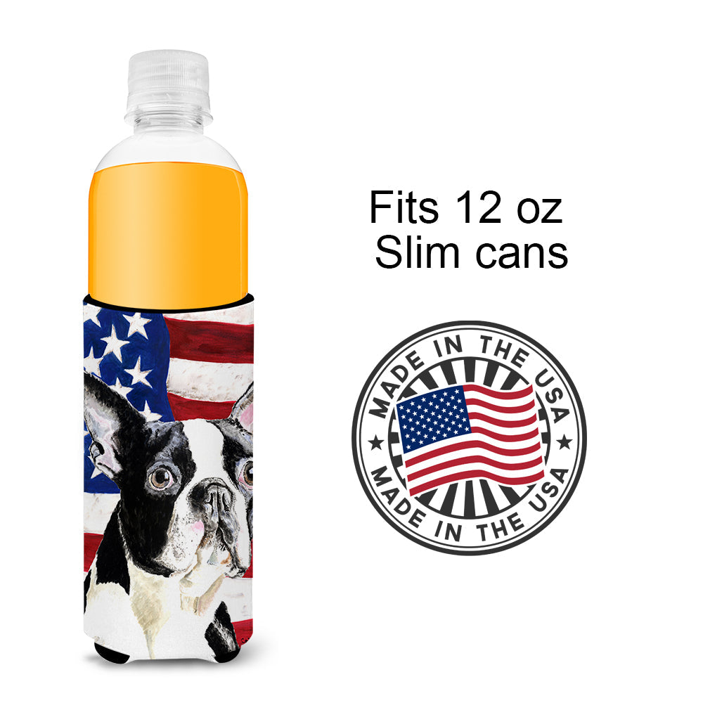 USA American Flag with Boston Terrier Slim Can Hugger , Insulated Foam Hugger for 12 oz Slim Cans, Beer Bottles & Water Bottles, Printed in USA