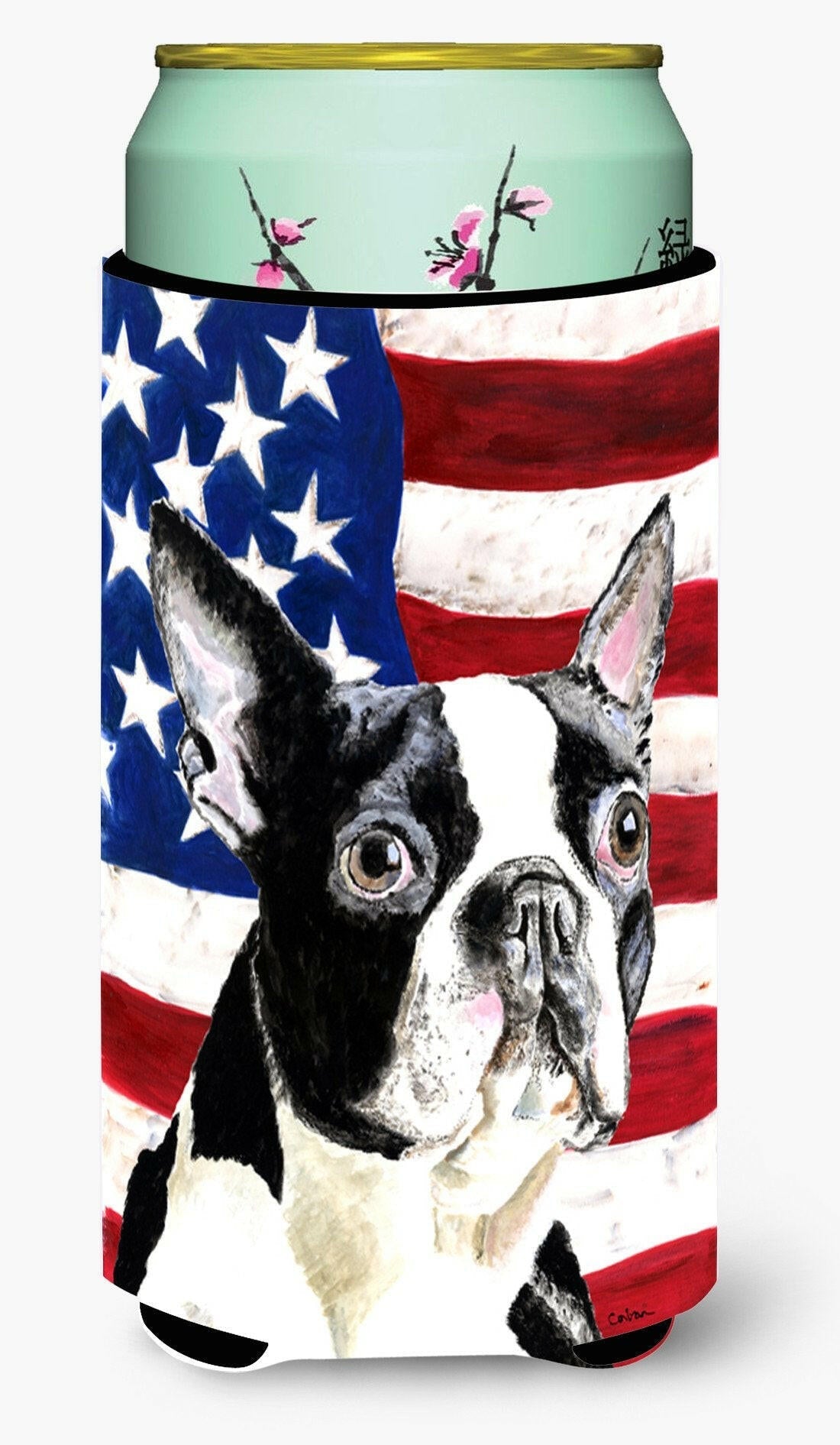 USA American Flag with Boston Terrier Tall Boy Hugger Can Cooler Sleeve Machine Washable Drink Collapsible Insulator Beverage Insulated Holder