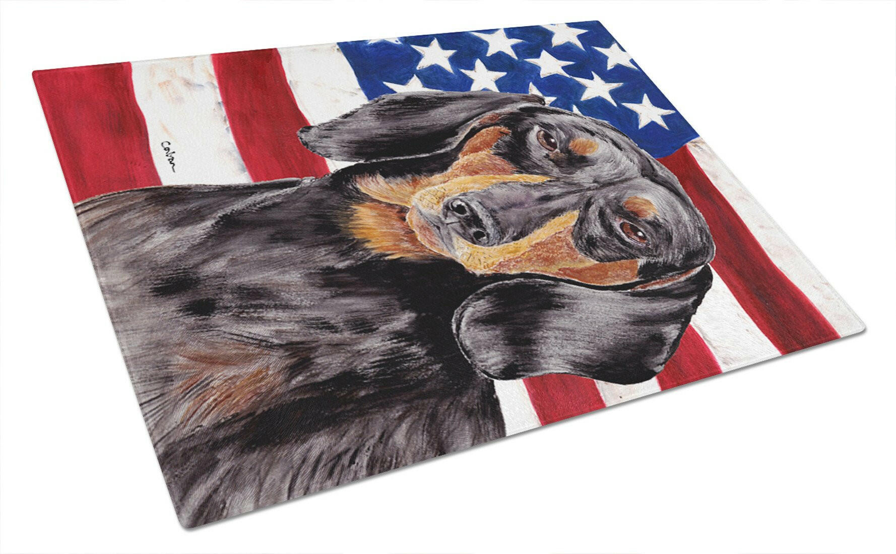 USA American Flag with Dachshund Cutting Board Tempered Glass Kitchen Cutting Surface, Heat Resistant Chopping, Non-Slip Feet, Food Prep & Serving