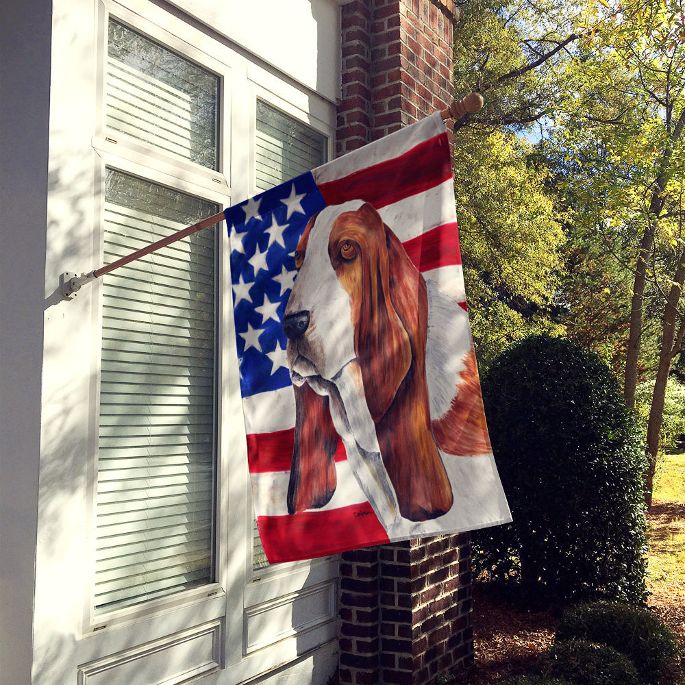 USA American Flag with Basset Hound House Flag 28x40 Porch Sleeve Pole Decorative Outside Yard Banner Artwork Wall Hanging, Polyester