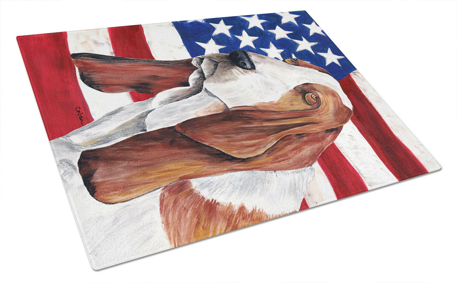 USA American Flag with Basset Hound Cutting Board Tempered Glass Kitchen Cutting Surface, Heat Resistant Chopping, Non-Slip Feet, Food Prep & Serving