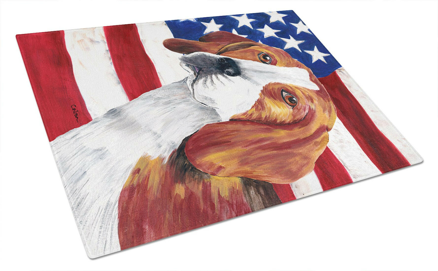 USA American Flag with Beagle Cutting Board Tempered Glass Kitchen Cutting Surface, Heat Resistant Chopping, Non-Slip Feet, Food Prep & Serving