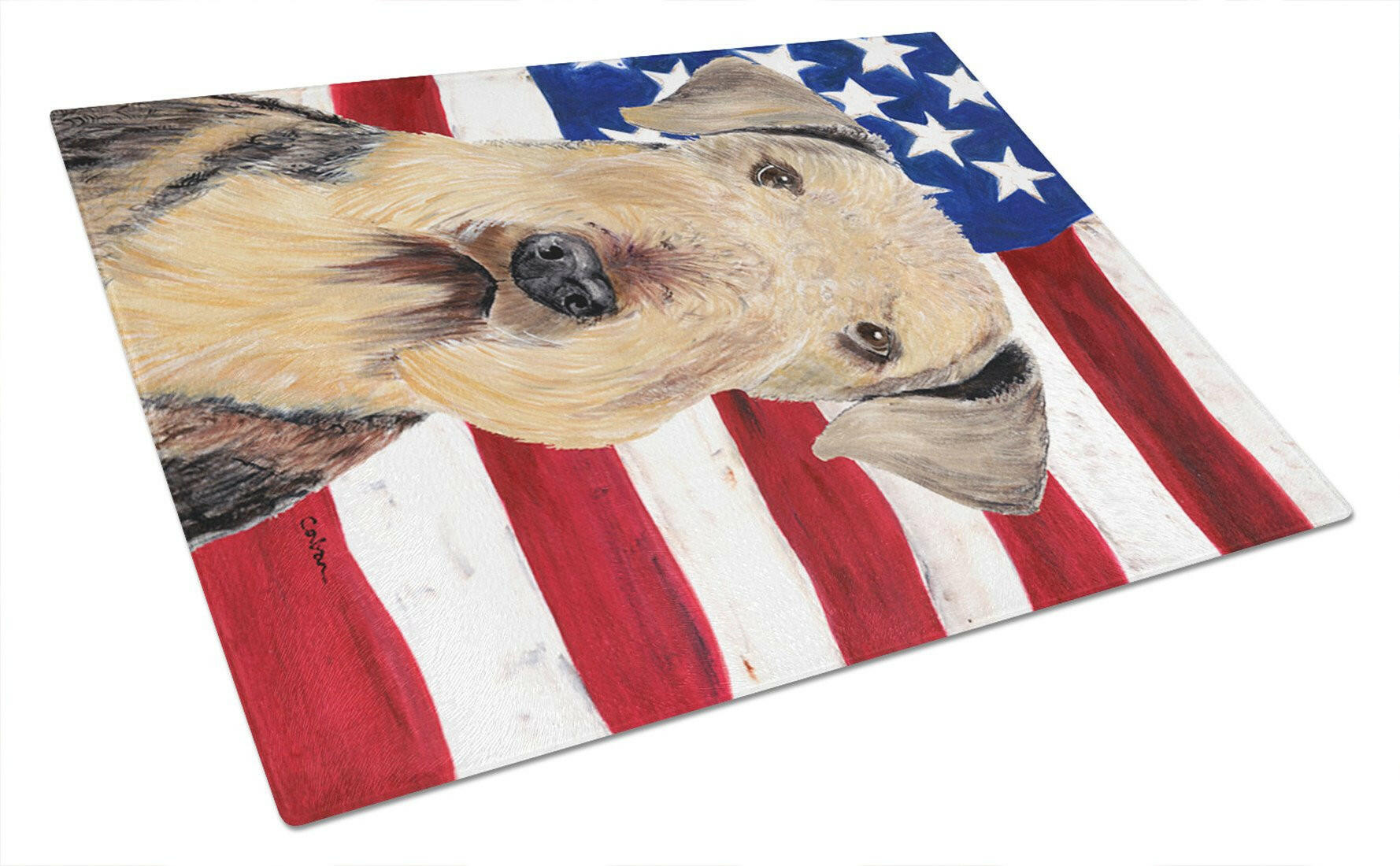 USA American Flag with Airedale Cutting Board Tempered Glass Kitchen Cutting Surface, Heat Resistant Chopping, Non-Slip Feet, Food Prep & Serving