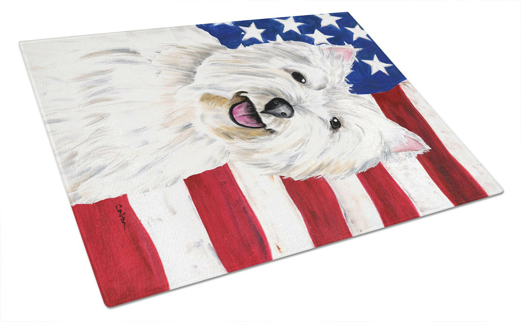 USA American Flag with Westie Cutting Board Tempered Glass Kitchen Cutting Surface, Heat Resistant Chopping, Non-Slip Feet, Food Prep & Serving