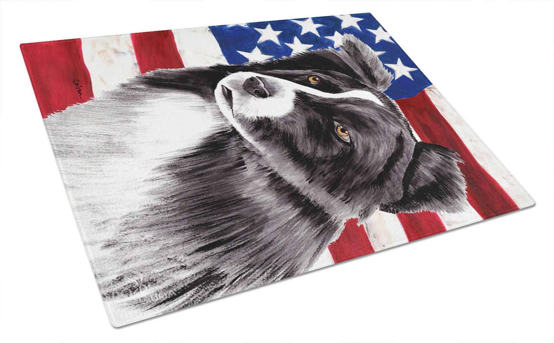 USA American Flag with Border Collie Cutting Board Tempered Glass Kitchen Cutting Surface, Heat Resistant Chopping, Non-Slip Feet, Food Prep & Serving