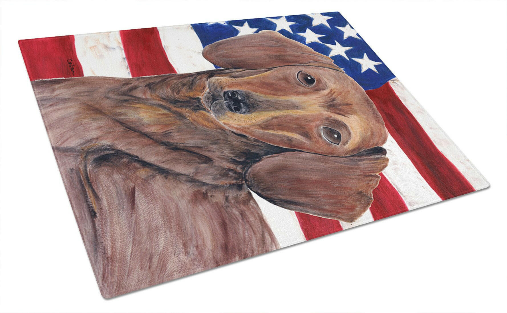 USA American Flag with Dachshund Cutting Board Tempered Glass Kitchen Cutting Surface, Heat Resistant Chopping, Non-Slip Feet, Food Prep & Serving