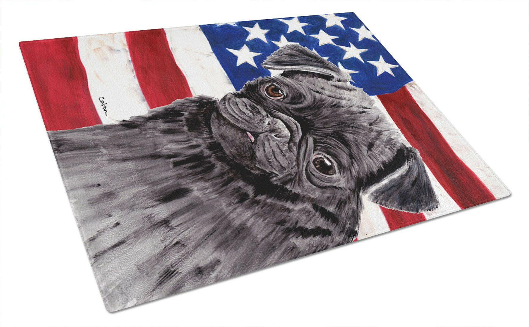 USA American Flag with Pug Cutting Board Tempered Glass Kitchen Cutting Surface, Heat Resistant Chopping, Non-Slip Feet, Food Prep & Serving