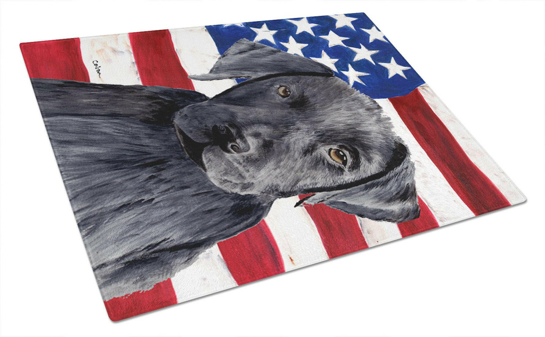 USA American Flag with Labrador Cutting Board Tempered Glass Kitchen Cutting Surface, Heat Resistant Chopping, Non-Slip Feet, Food Prep & Serving