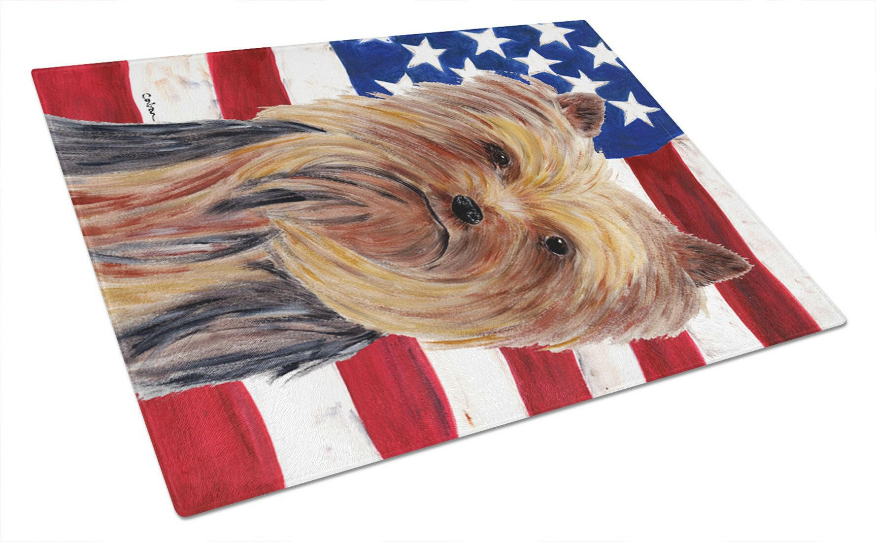USA American Flag with Yorkie Cutting Board Tempered Glass Kitchen Cutting Surface, Heat Resistant Chopping, Non-Slip Feet, Food Prep & Serving